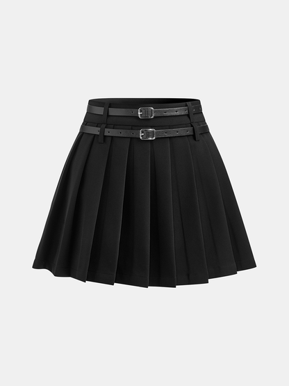 Pleated Double Buckle Mini Skirt