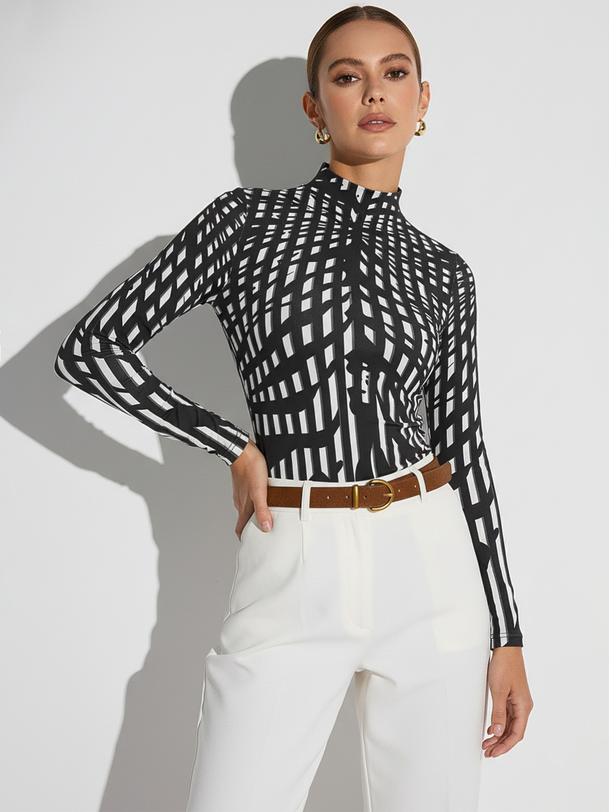 Geometric Print Mock Neck Long-Sleeve Top