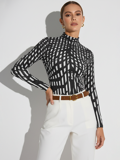 Geometric Print Mock Neck Long-Sleeve Top