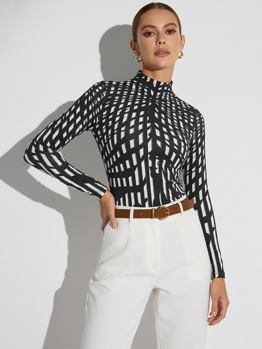 Geometric Print Mock Neck Long-Sleeve Top