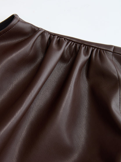 Mock Neck Ruched Cap-Sleeve Faux Leather Top