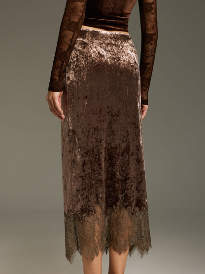 Lace Hem Velvet Midi Skirt