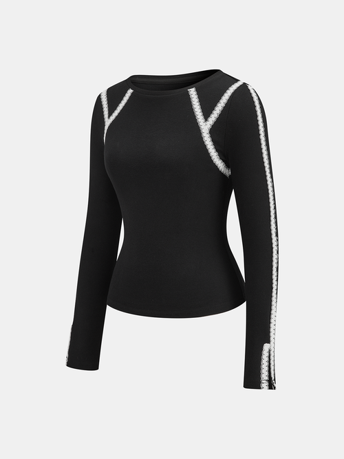 Lace Trim Ribbed Long Sleeve Top