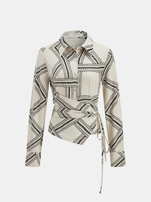 Abstract-Print Wrap-Tie Long-Sleeve Shirt