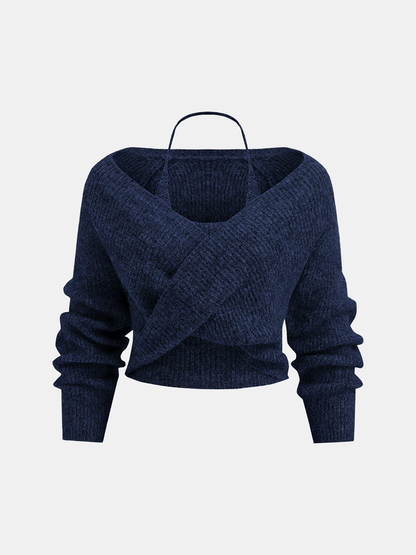 Wool-Blend Two-Piece Set Crossover Halter Knit Top