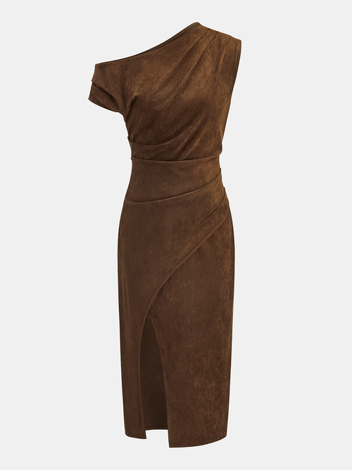 Suede Effect One-Shoulder Ruched Midi Dress