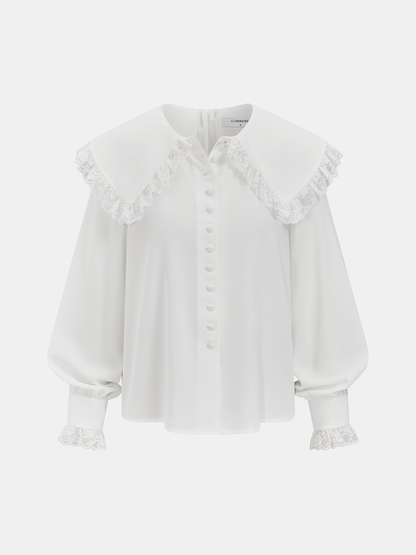 Lace-Trimmed Wide-Collar Blouse