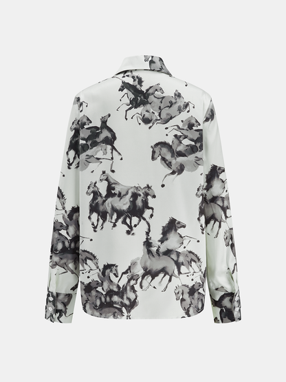 Horse Print Satin Knot-Front Long Sleeve Shirt