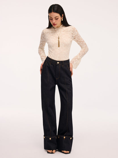 Lace Flared-Sleeve Mock Neck Bodysuit