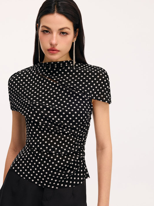 Polka Dot Cut-Out Ruched Short-Sleeve Blouse