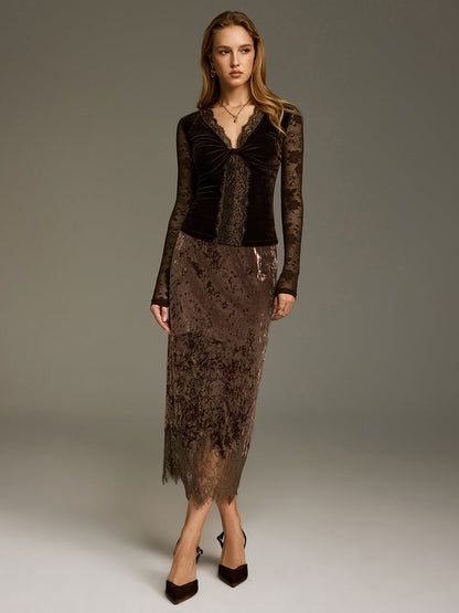 Velvet V-Neck Lace Panel Twisted Top