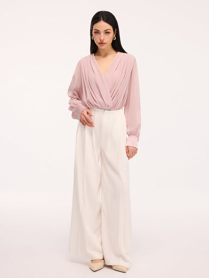 Pleated Deep V-Neck Long Sleeve Bodysuit