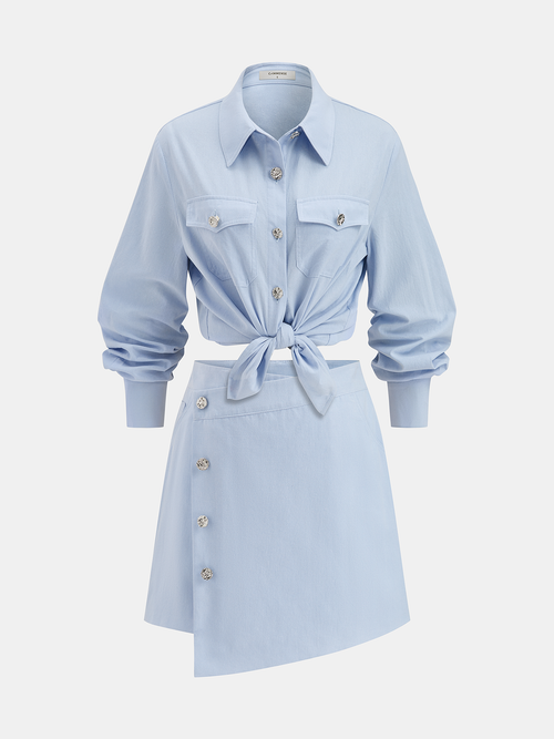 Cotton Knot-Front Shirt & Asymmetrical Skirt Set