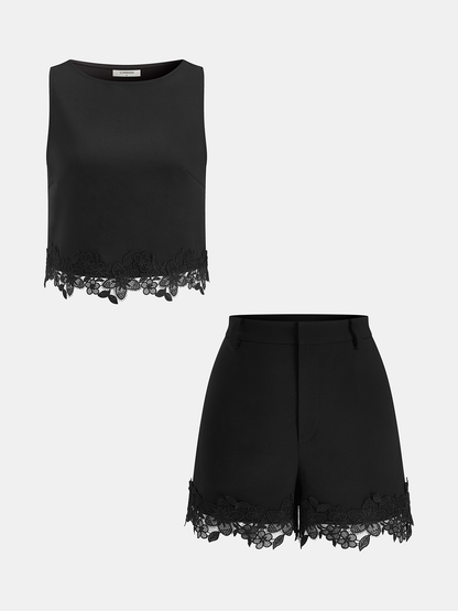Sleeveless Lace Trim Crop Top & Shorts Set