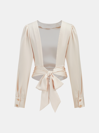 Backless Satin Long-Sleeve Blouse