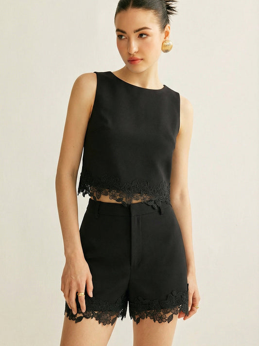Sleeveless Lace Trim Crop Top & Shorts Set