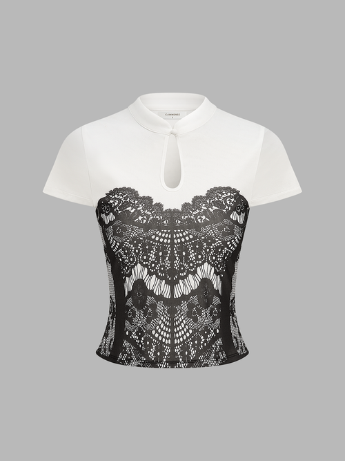 Lace Print Keyhole Neck Short Sleeve Top