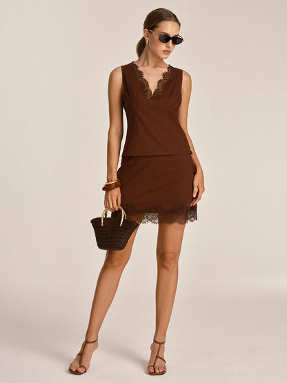Lace Trim Cotton Linen Top & Mini Skirt Set