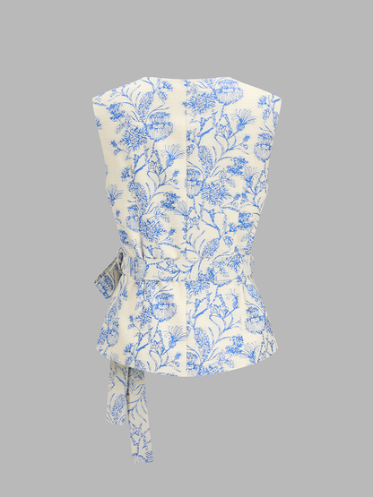 Floral Print Belted Vest & Pleated Mini Skirt Set