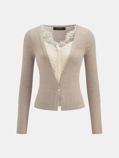 V-Neck Lace Panel Ribbed Knit Top