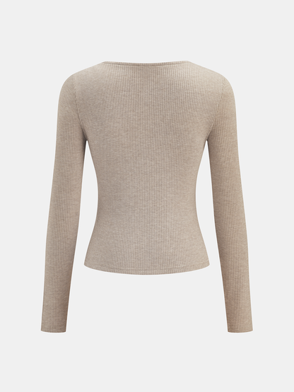 V-Neck Lace Panel Ribbed Knit Top