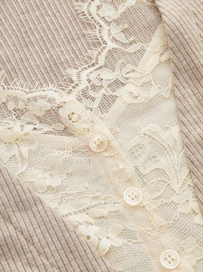 V-Neck Lace Panel Ribbed Knit Top