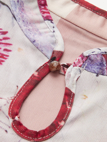 Floral Print Mandarin Collar Mesh Top