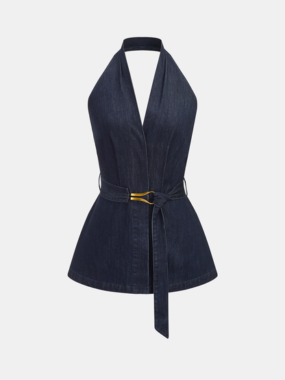 Halter Neck Belted Denim Blouse