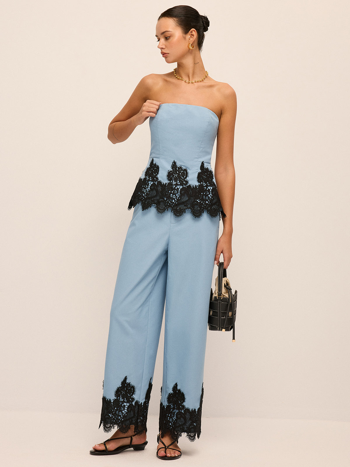 Lace Hem Strapless Top & Pants Set