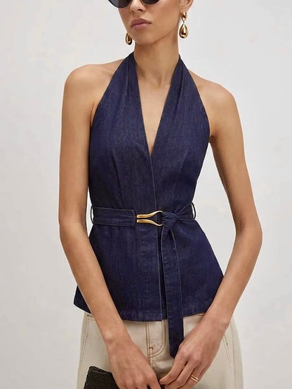Halter Neck Belted Denim Blouse